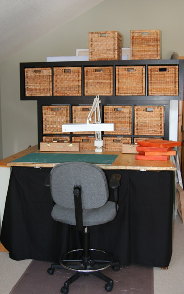 Drafting table work area and shelving