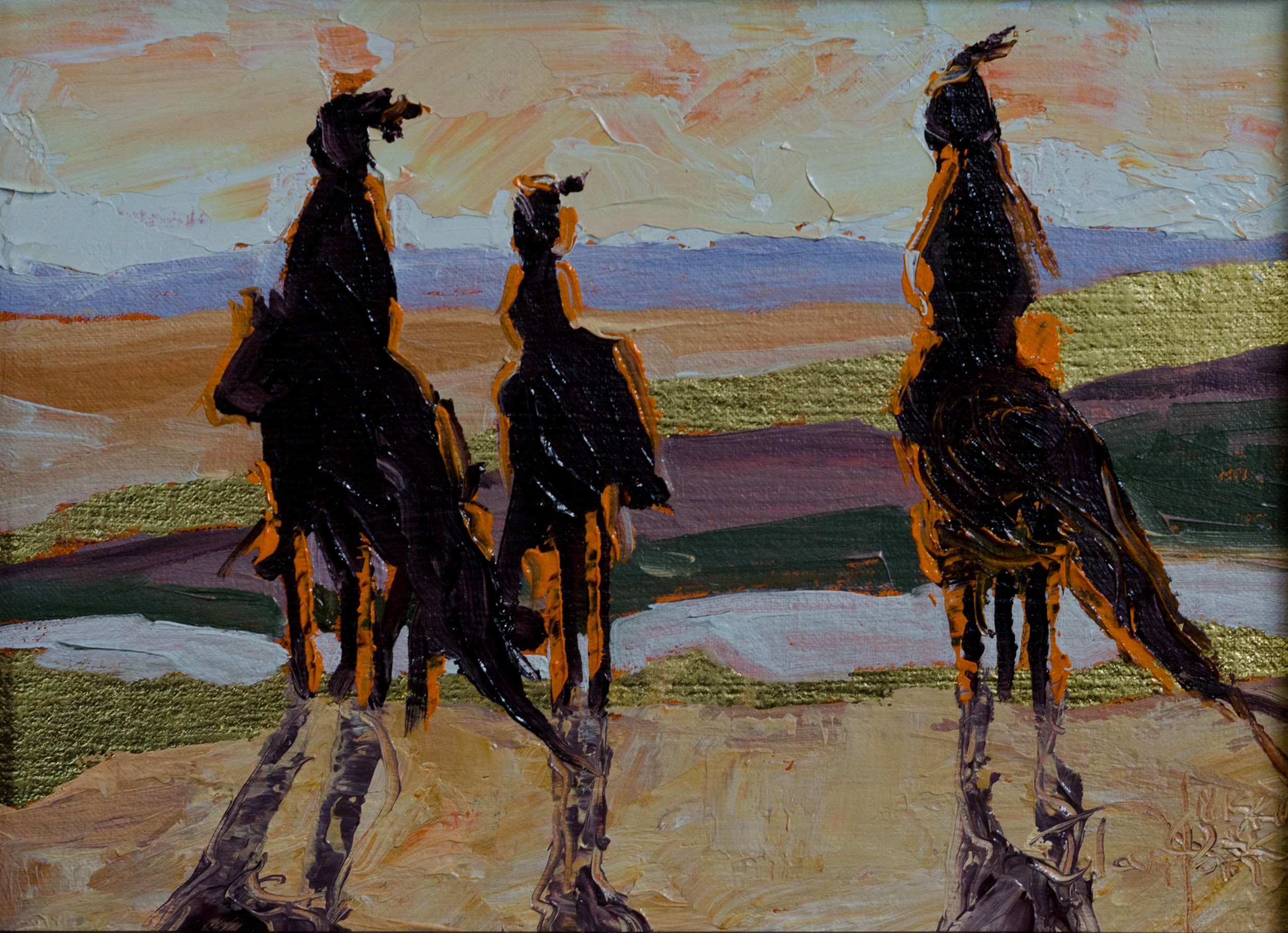 "How Many Do You Think Are Coming?" Oil and 22k gold on linen. ©2015 Janice Tanton. 6"x8"