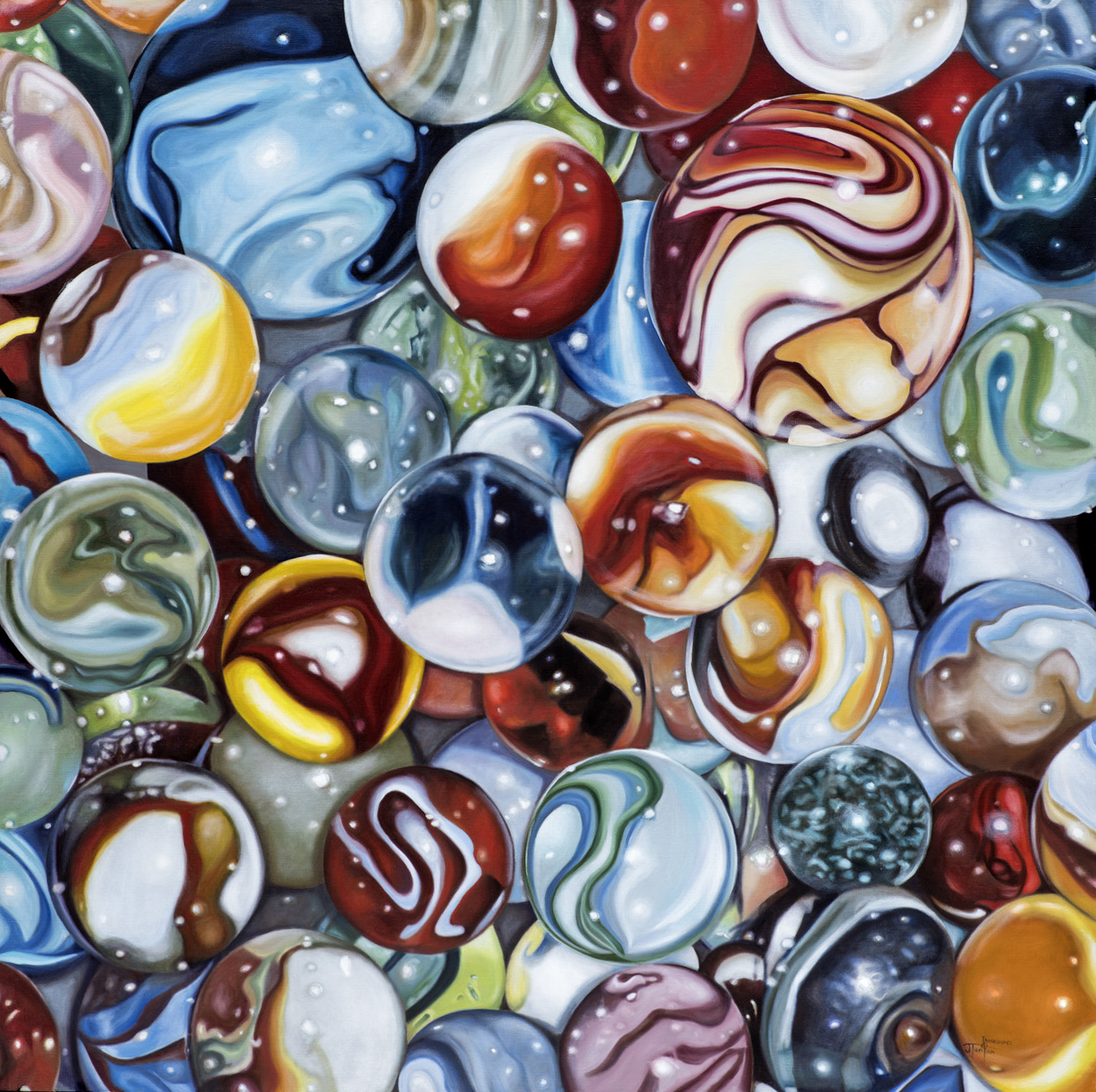 "Finding My Marbles" ©2019 Janice Tanton. Oil on linen, 48"x48"