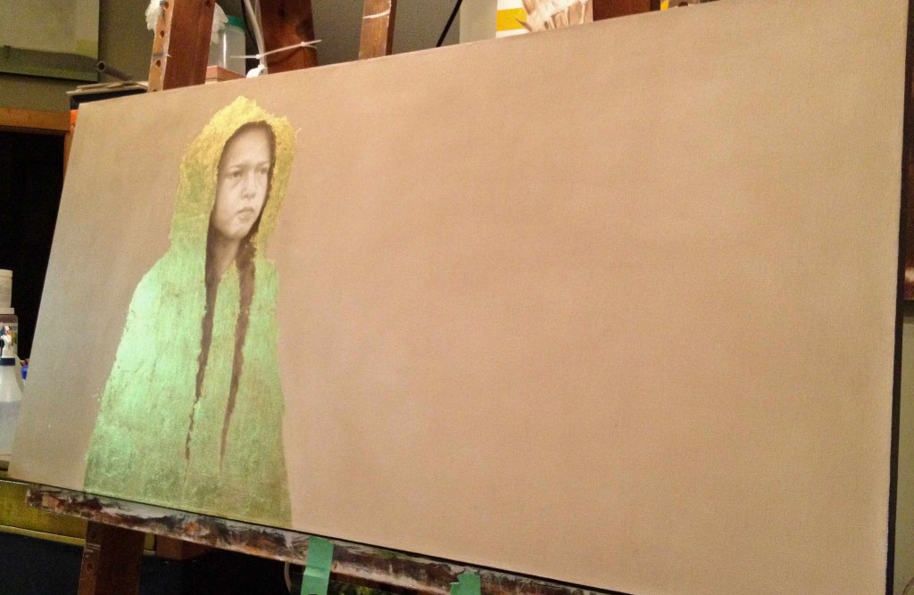 Work In Progress - "The Yellow Raincoat" ©2012 Janice Tanton. Oil and 24k gold on linen. 24"x 48"