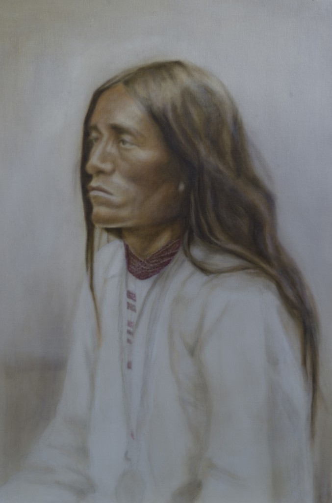Work In Progress - "Notalq - Apache Man" ©2012 Janice Tanton. Oil and silver leaf on linen. 24"x30"