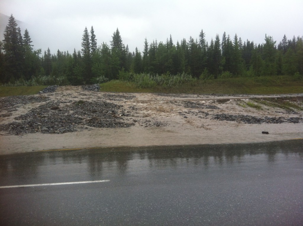 Washed out Trans Canada Highway, east of Canmore, Alberta due to flooding