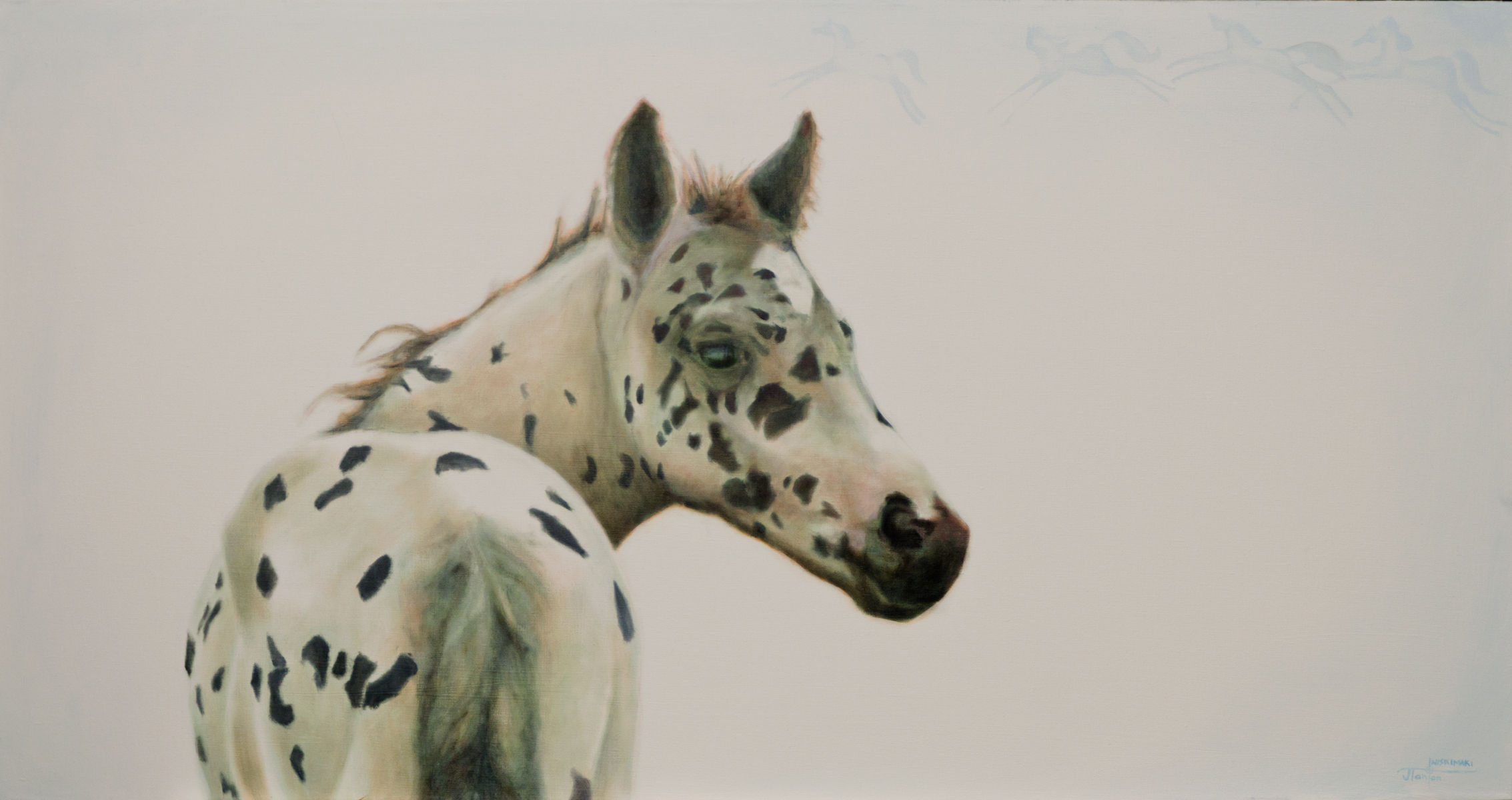 "Aitapissko Ponokamitaa" (Sacred Place with Living Presence Horse) ©2014 Janice Tanton. Oil on linen. 24"x48"